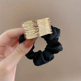 Elegant Metal Flower Hair Rope Ring Elastic Hair Tie For Women Girl Satin Solid Color Rubber Scrunchies Summer  Ponytail Holder