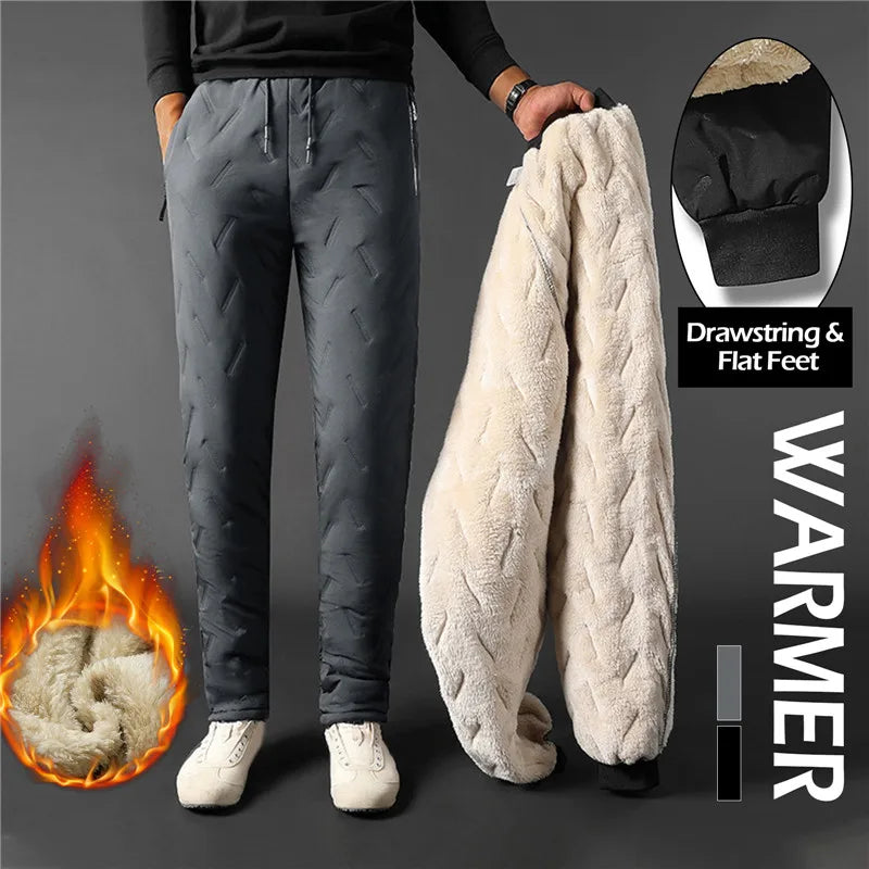 Winter Zip Pockets Thicken Fleece Sweatpants Men Joggers Black Grey Down Cotton Warm Pants Male Water Proof Thermal Trousers