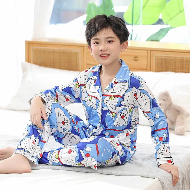 2024 Kawaii Miniso Spring Autumn Children Pajamas Anime Kuromi Cinnamoroll Pochacco Boy Girl Milk Silk Sleepwear Kids Loungewear