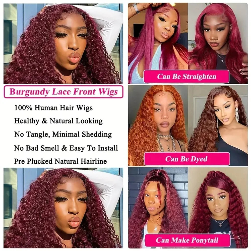 30 40 Inch Curly 99j burgundy 13x4 Lace Front Human Hair Deep Wave 13x6 Lace Frontal Wig Brazilian For Women