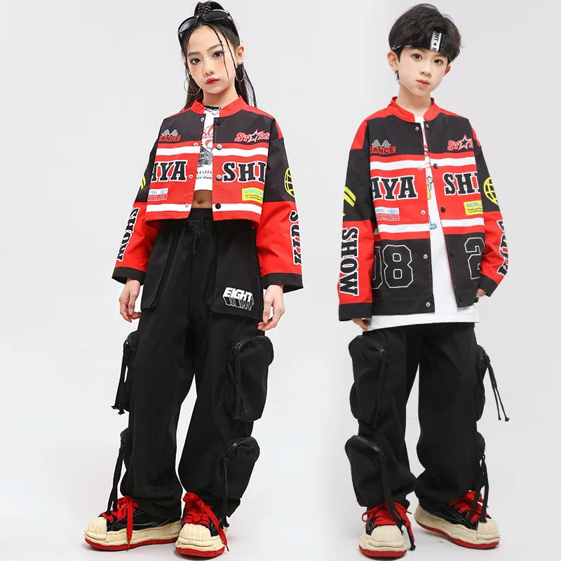 New Hip Hop Clothing Red Motorcycle Jacket for Kids Jazz Dance Costume Group Performance Clothes Boys Girls Street Dancing Wear