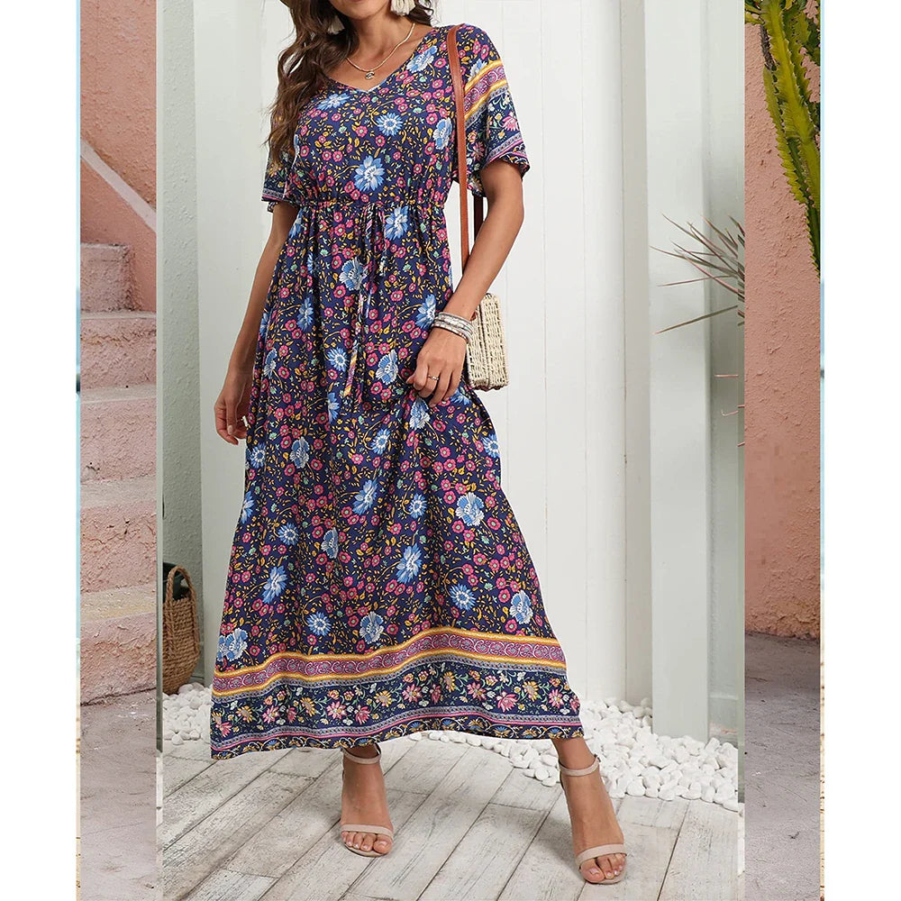 Plus Size Long Dress for Women 2024 Summer Beach Bohemian Dresses Oversized Female Clothing Elegant Vestido Casual Floral Skirt