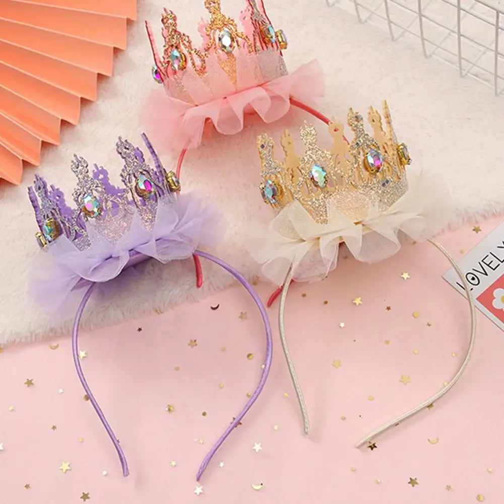 Korean Style Girl Cute Crown Headband Kids Fashion Rhinestones Mesh Hairband Princess Fairy Hair Accessories