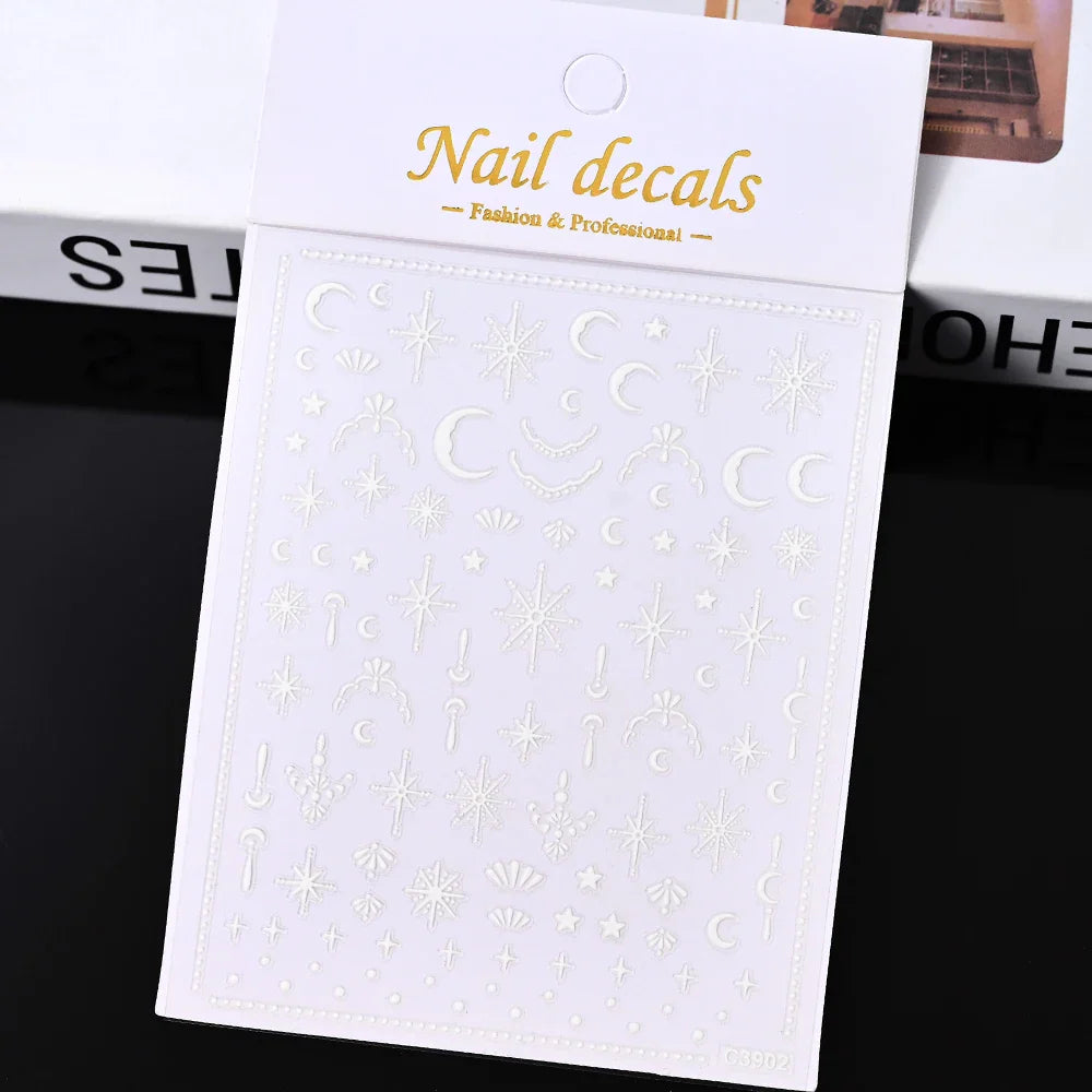 3D Gold Sun/Moon/Star Bronzing Nail Art Sticker 8*10cm Laser Star Moon Design Nail Decal Gold Silver Self-Adhesive Slider &*&