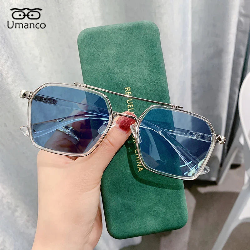 Umanco Trendy Double Beam Square Sunglasses For Men Metallic Ocean Blue Lenses Driver Sunglasses UV400 Design Retro Glasses