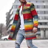 Men Woolen Coat Jacket Fashion Striped Geometric Print Young Mens Clothes Autumn Winter Single Breasted Pocket Overcoat Outwear