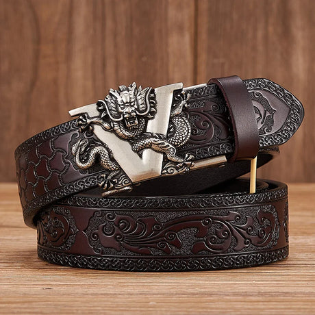 3.5CM V Buckle Cowskin Genuine Leather Belt Quality Alloy Automatic Buckle Print Wasitbad Strap Gift Bussiness Male Belt Men