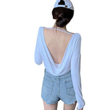 Womens Hollow Backless Long Sleeve Loose T-Shirt Tops Scoop Neck Pullover Top