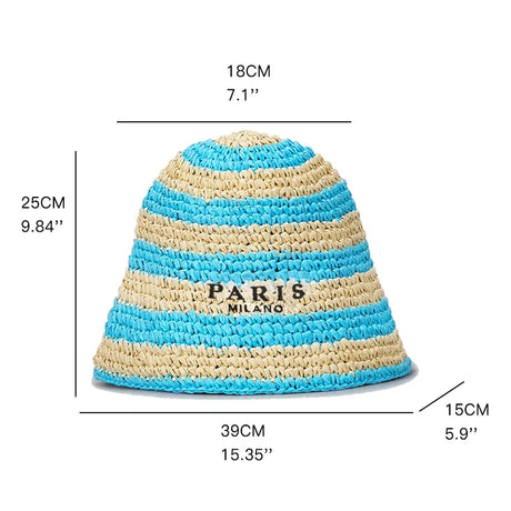 MABULA Wide Brim Women Bucket Hat Summer Straw Woven Sun Visor Hats Luxury Design Hollow Out Hat Fashion Striped Girls Beach Hat