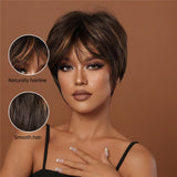 Short Pixie Cut Wig with Highlight Straight Chocolate Brown Synthetic Wig for Black Women Cosplay Daily Heat Resistant Hair Wigs