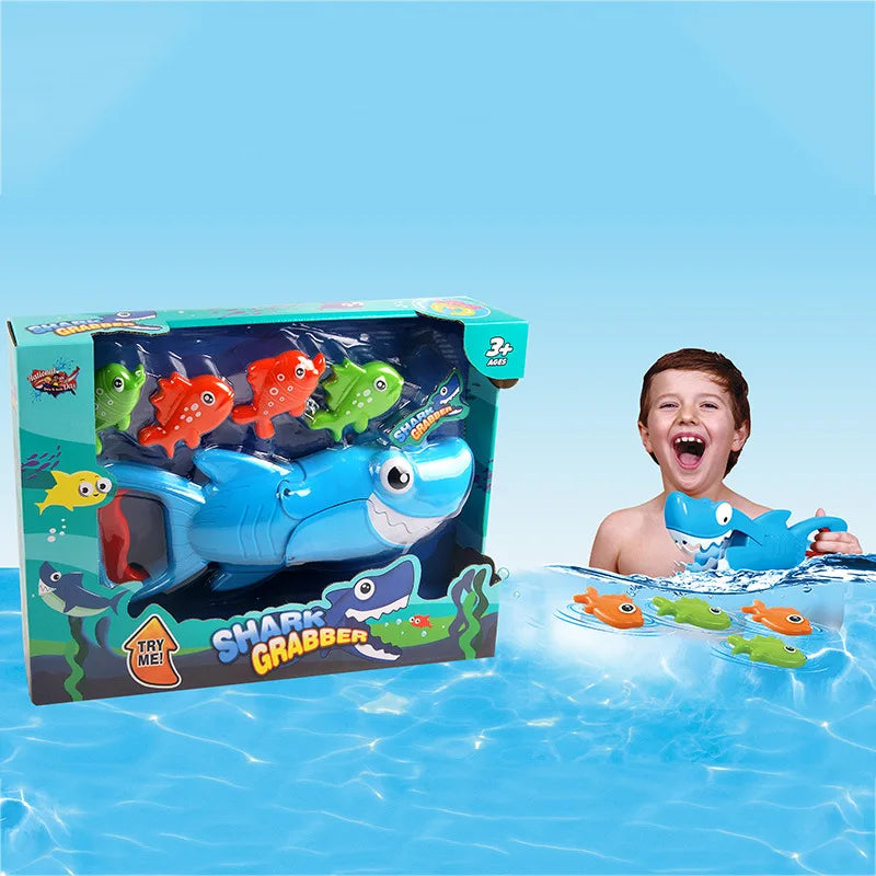 0-3Y Funny Shark Bath Toy for Boys Girls Catch Game with 4 Fishes Bathtub Interactive Bathing Puzzle Fishing Water Toy