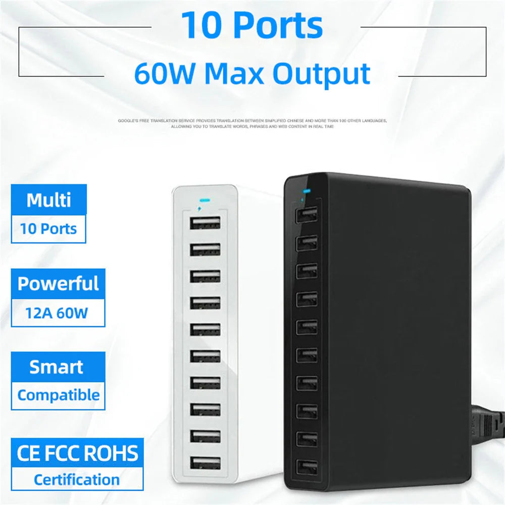 60W 10Port USB Charger for iPhone iPad Kindle Samsung Xiaomi Charging Station Dock Multi USB Charger Desktop Mobile Phone Charge