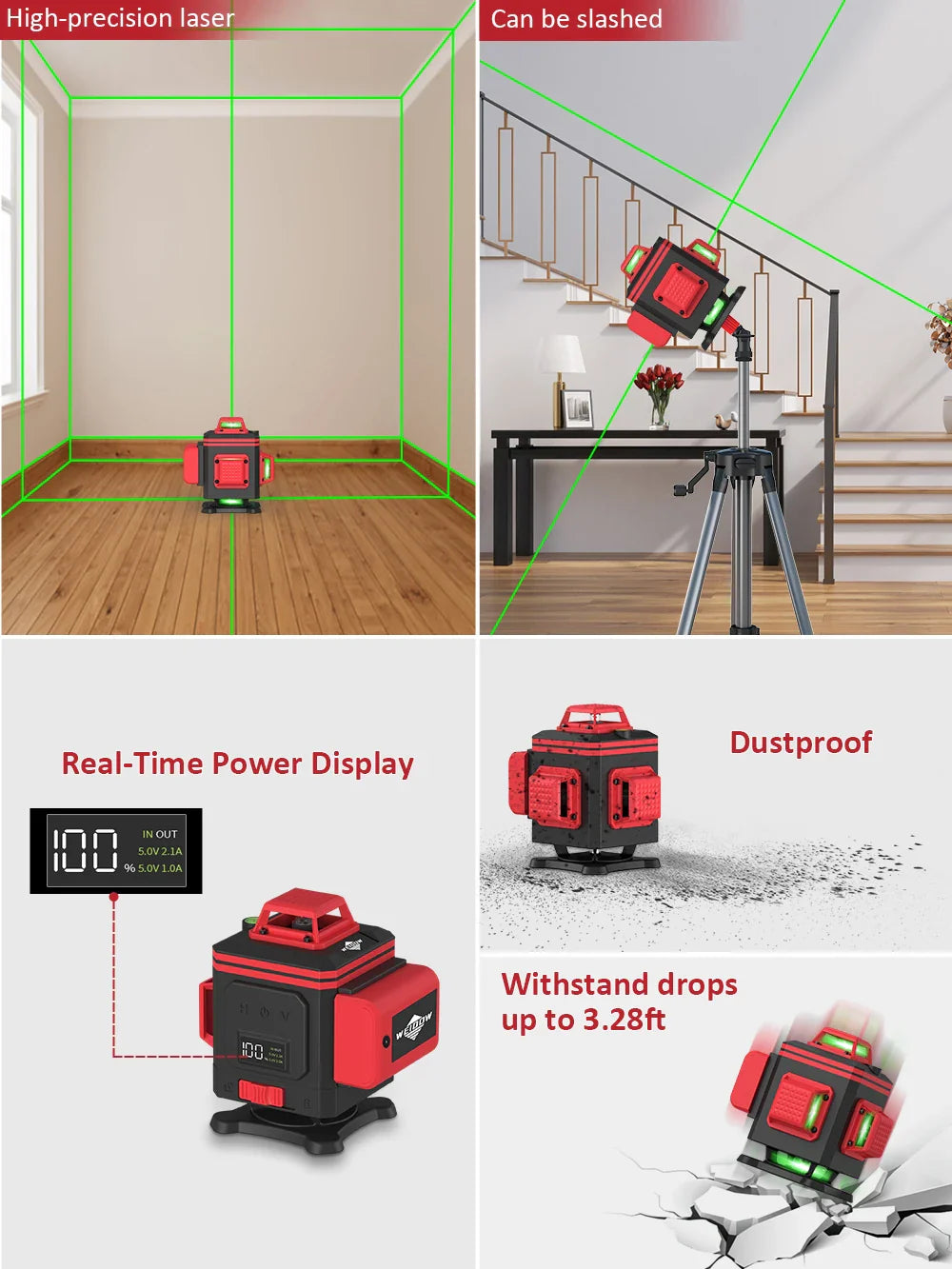 WEIDDW 3D/4D 12/16 Lines Laser Level Horizontal Vertical with Remote Control 360°Self-leveling Professional 8 lines Laser Levels