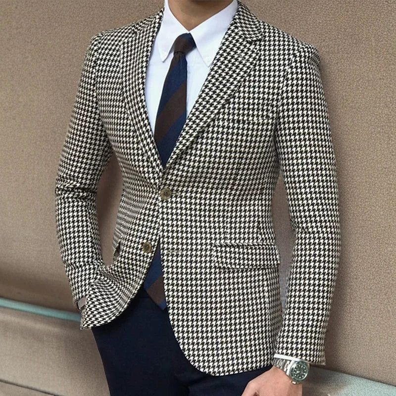 Houndstooth Plaid Blazer for Men One Piece Suit Jacket with 2 Side Slit Slim Fit Casual Male Coat Fashion Clothes 2023