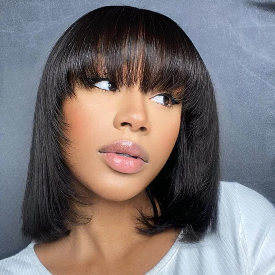 Debut Straight Bob Human Hair Wigs With Bangs Short Brazilian Human Hair Bob Wigs For Woman Full Machine Made Human Hair Wigs