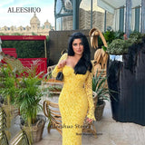 Aleeshuo Arabia Lace Mermaid Prom Dress Sheath Long Sleeves Sweetheart Evening Dress Sexy Illusion Ankle-Length Cocktail Dress