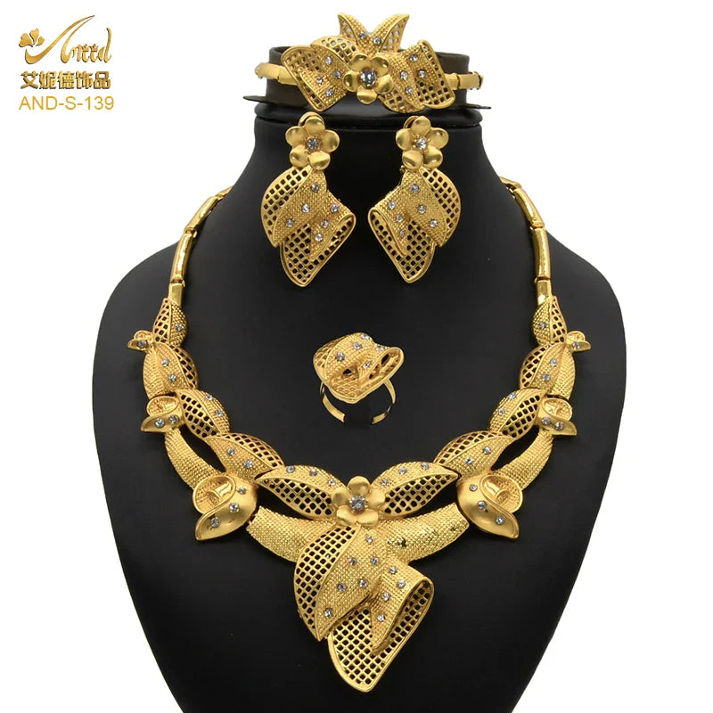 ANIID Indian Jewellery Set Party Wedding Dubai Gold Color Jewelry For Women Necklac Bracelet Earring Gift Nigeria Ethiopian