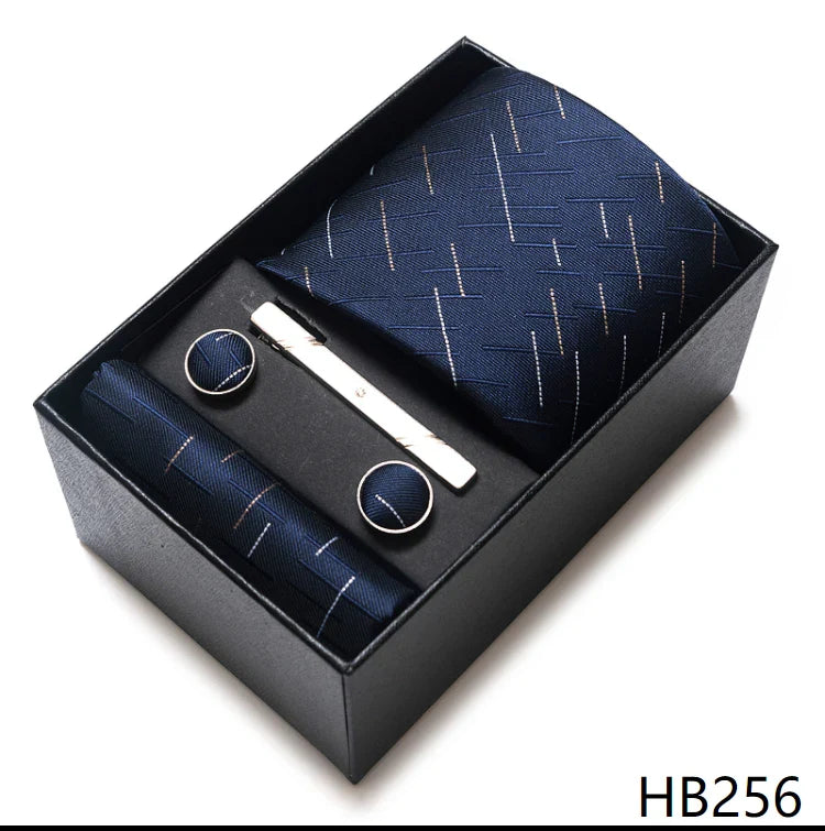 Luxurious Dropshipping 8 cm Birthday Gift Silk Tie Hanky Pocket Squares Cufflink Set Tie Clip Necktie Box Geometric