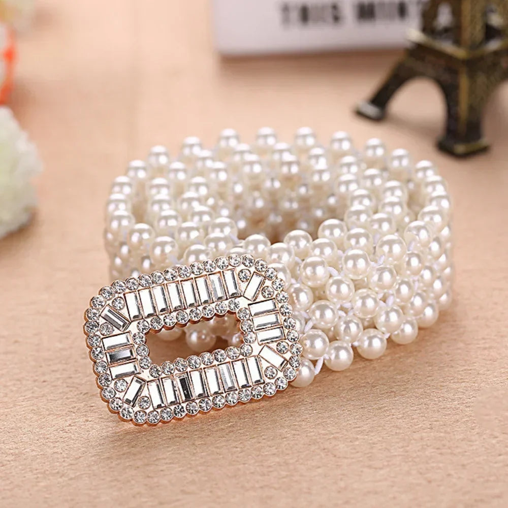 Elegant Women Pearl Waist Belt Elastic Buckle Pearl Chain Belt Female Girls Dress Crystal Strap Pearl Elastic Belt Luxury Brand