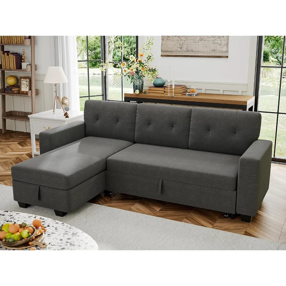 Sofa Bed Reversible Convertible Sleeper Pull Out Couches with Storage Chaise, Linen Fabric Furniture for Living Room, Dark Gray