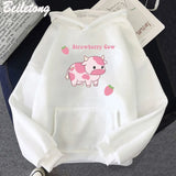 Cow And Strawberry Kawaii Women Hoodies Casual Pullover Plus Size Sweatshirt Autumn Winter Warm Girl Streetwear Clothes Tops