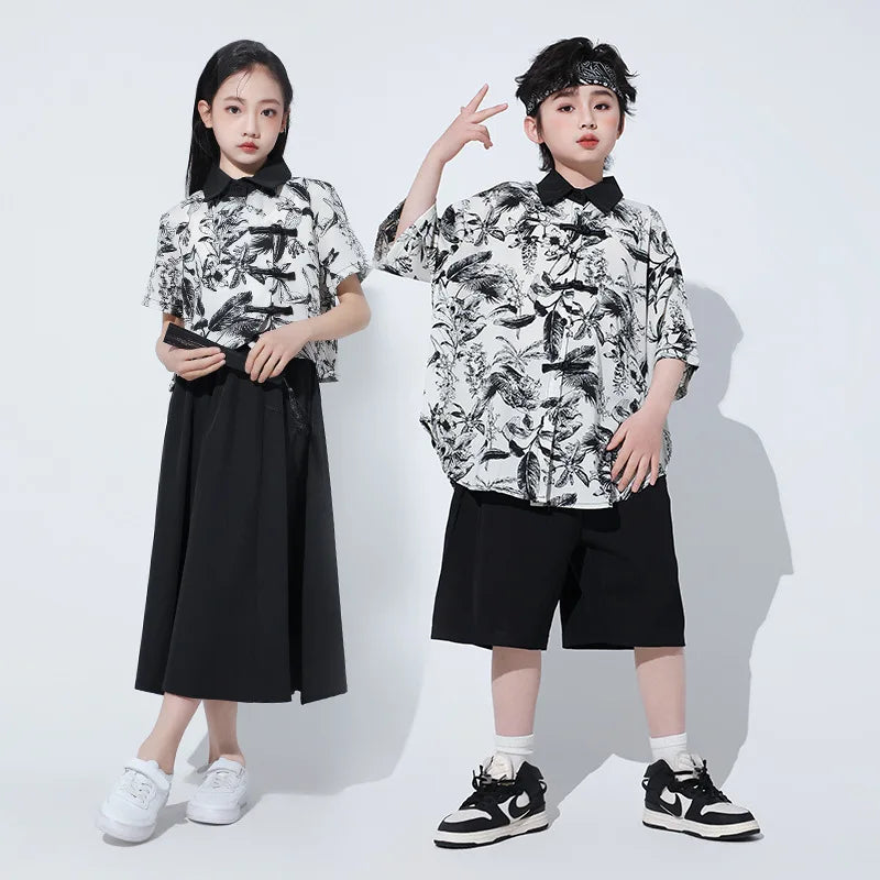 Hip Hop Boys Chinese Style Shirt Baggy Pants Girls Print Blouse Street Dance Skirt Children Streetwear Kids Jazz Clothes Sets