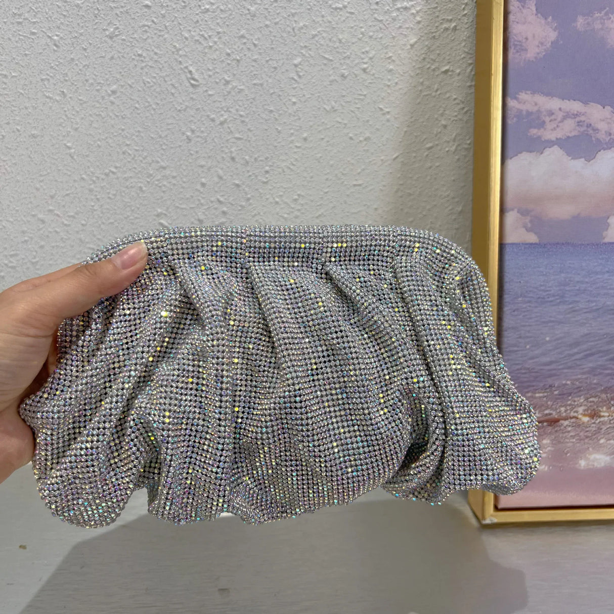 2023 Luxury Ruched Evening Clutch Bag Designer Diamonds Women Handbags Crystal Mesh Shoulder Bags Shinny Rhinestone Party Purses