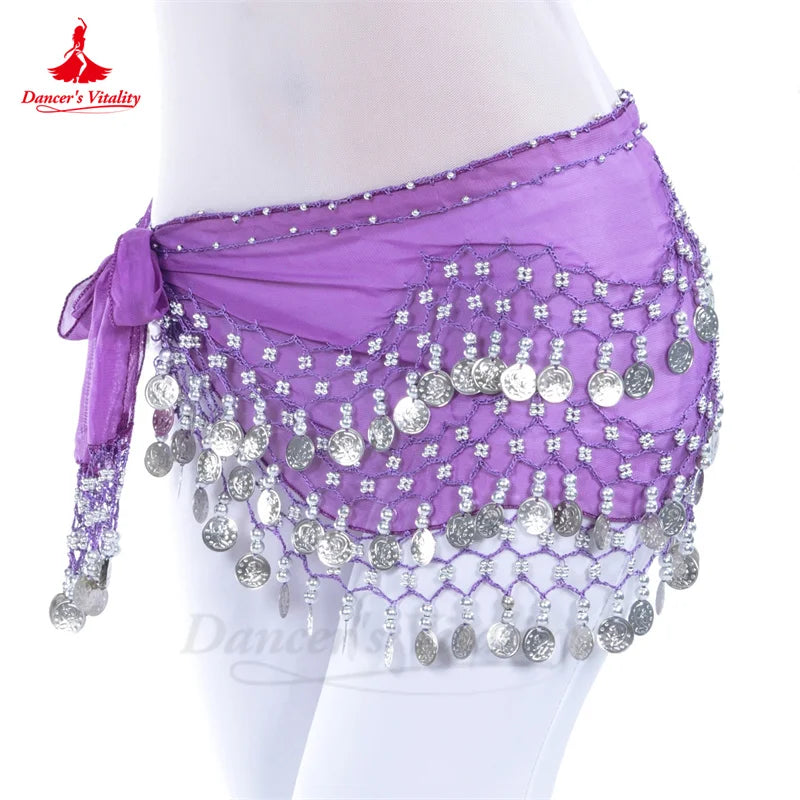 Belly Dance Belt for Women Chiffon Gold Coines Oriental Dancing Wear Accessies Girl's Chiffon Silver Coines Bellydance Hip Scarf