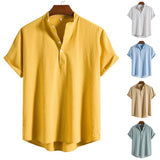 Men's Casual Blouse Cotton Linen Shirt Loose Tops Short Sleeve Tee Shirt Button Yellow Shirt Casual Handsome Men Henley Shirts