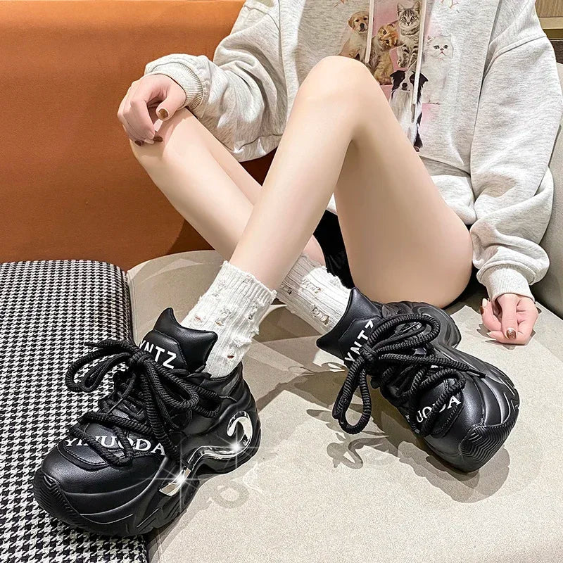 Bling Women High Platform Casual Leather Shoes 2023 New Autumn Lace-up Chunky Sneakers Wedges Hidden Heels Leisure Shoes Woman