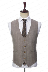 2023 Latest Summer Men Double Breasted Khaki Linen Suits Vetical Stripe Slim Fit Tuxedos For Wedding 3 Pcs Set Jacket Vest Pants