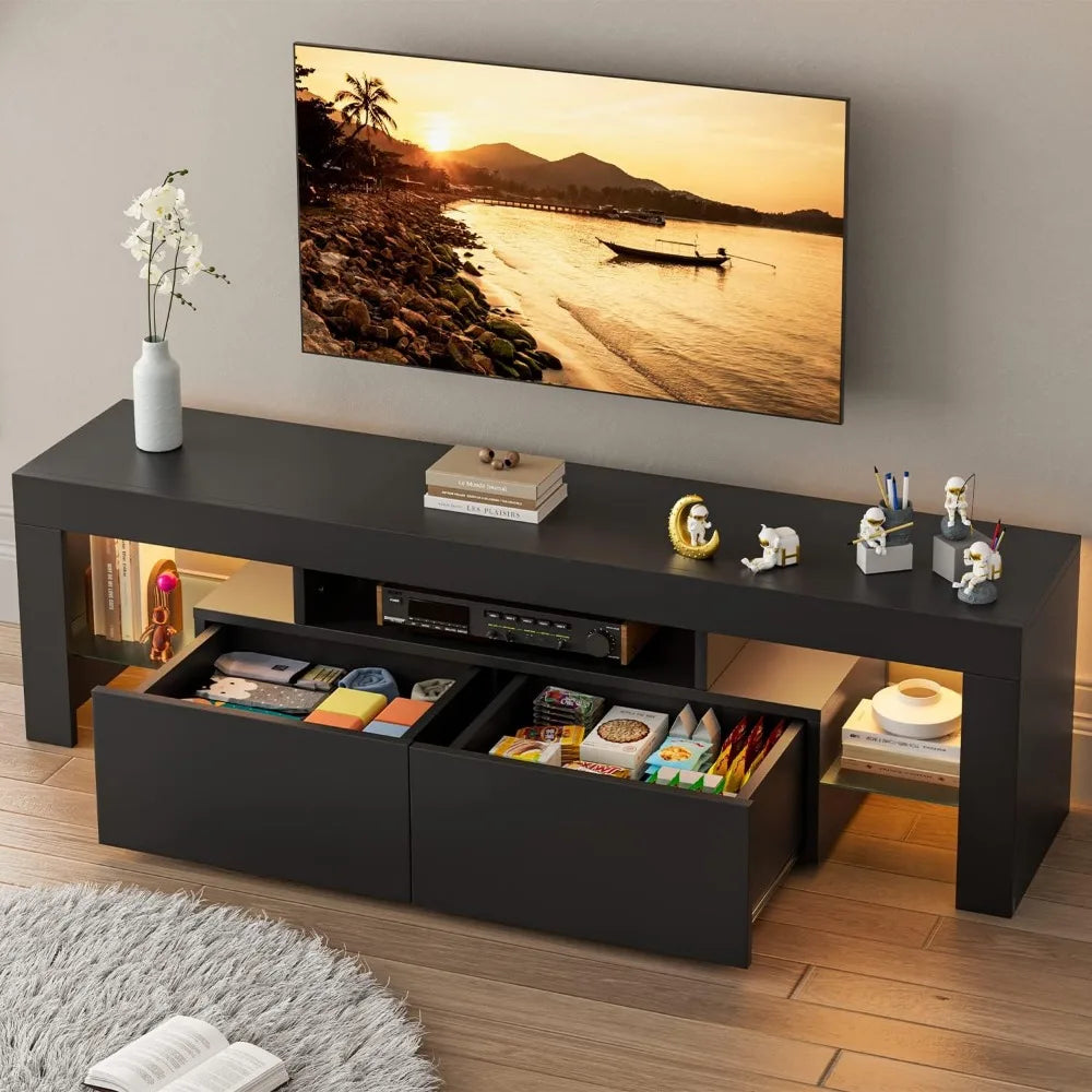 YESHOMY Modern LED TV Stand for Televisions up to 70 Inch with Glass Shelves and Drawer, Gaming Entertainment Center with