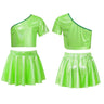 Kids Girls Street Hip Hop Dance Costumes Cheerleading Outfit Metallic Shiny One Shoulder Crop Top with Skirt Set Girl Dance Wear