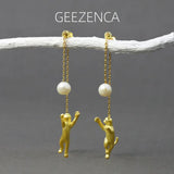 GEEZENCA 925 Sterling Silver Gold Plated Cat With Pearl Dangle Earrings For Women Cute Kitten Playing Ball Long Tassel Earring