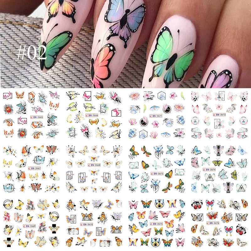 12 Designs Nail Stickers Set Mixed Floral Geometric Nail Art Water Transfer Decals Sliders Flower Leaves Manicures Decoration