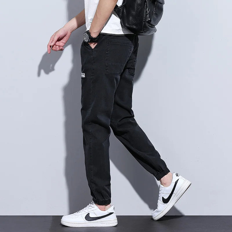 2024 Autumn Men's Jeans Jogger Thin Harem Pants Cotton Banded Pant Korea Style Light Blue Hip Hop Beam Feet Casual Trousers Male