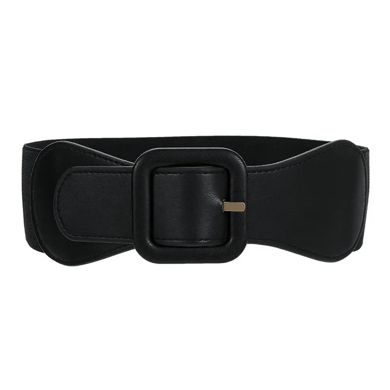 Women's Fashion Wide Belt Square Pin Buckle Imitation leather elastic  Waist Strap Costume matching decoration Dress Waistband