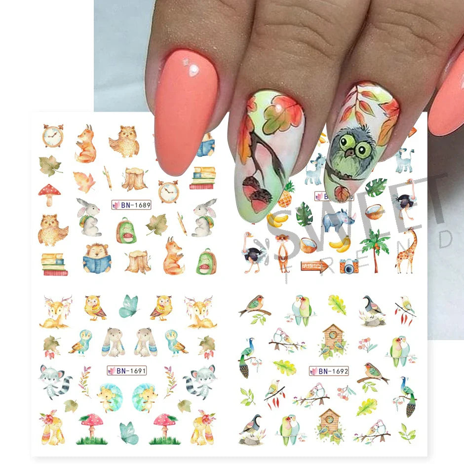 12pcs Hedgehog Animal Nail Water Stickers Pine Cones Gold Fall Design Watercolor Winter Manicure Transfer Sliders JIBN1681-1692