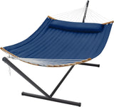 Curved-Bar Hammock with Stand, 2 Person Heavy Duty Hammock Frame, Detachable Pillow, Navy Blue Hammock