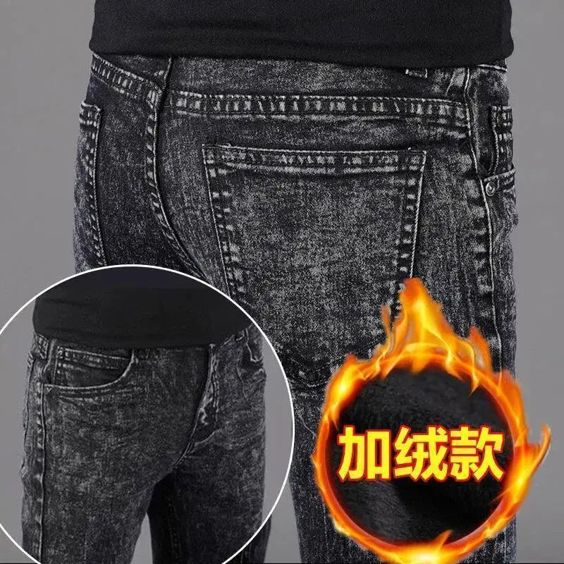 Men's Brushed Jeans Luxury Winter Jeans Velvet Fleece Man Thermal Warm Korean Versatile Elastic Plush Thicken Slim Pencil Pants