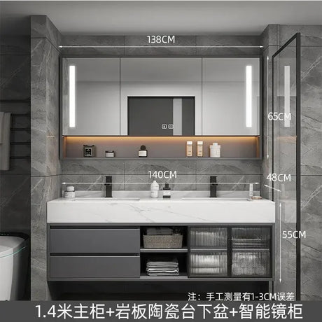 Luxury Bathroom Mirror Cabinet Double Basin Slate Integrated Ceramic Washbasin Bathroom Vanity Sink Cabinet Bathroom Furniture