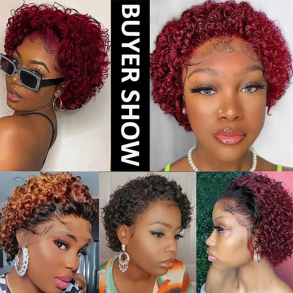 Pixie Cut Wig Short Bob Curly Human Hair Wigs Cheap 13X1 Transparent Lace 99J Burgundy Water Deep Wave Lace Front Wig For Women