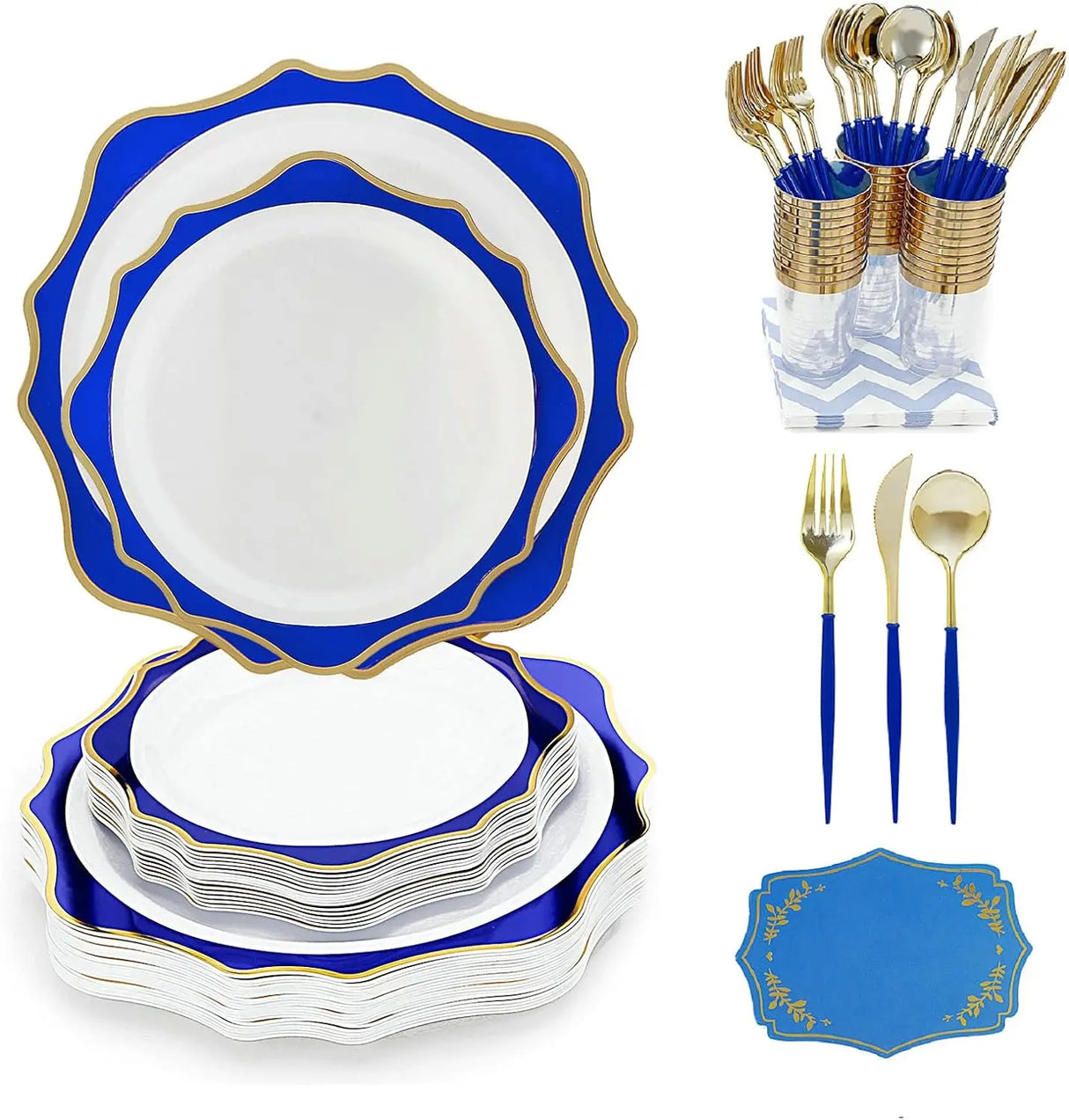 225pcs Gold Disposable Dinnerware Set, 25 Dinner Plates, Dessert Plates, Gold Plastic Silverware, 25 Mini Forks, Gold Cups