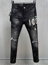 2024 Hot Men Jeans Denim Pants Hole Slim Pencil Trousers Metal Buttons Zipper Party Clothes Classics Fashionable Black Blue 9881