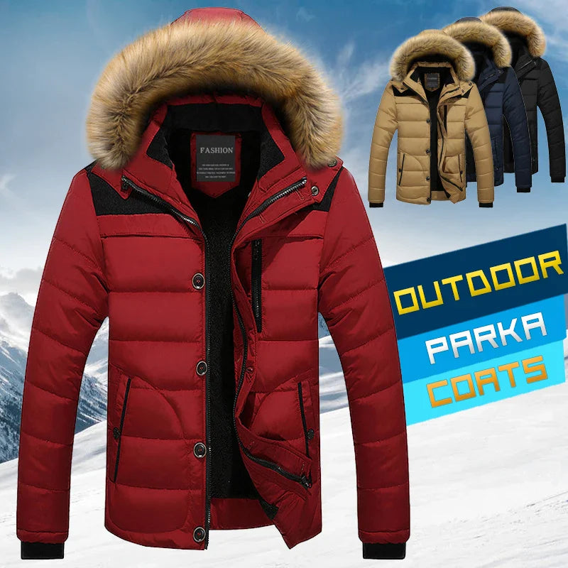 Winter New Men Warm Cotton Jacket Coats Fur Collar Hooded Parka Down Jackets Outerwear Thick Male Warm Overcoat Wool Liner Coat