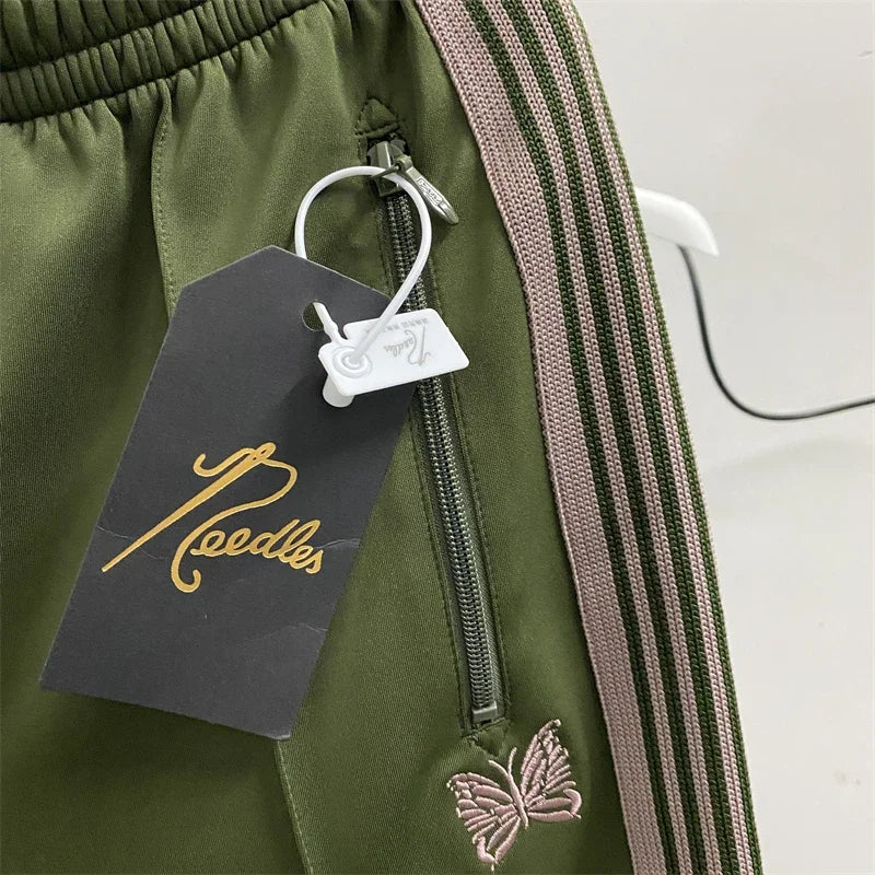 New Army Green Needles Pants Men Women 1:1  Embroidered Butterfly Track Pants Straight AWGE Trousers