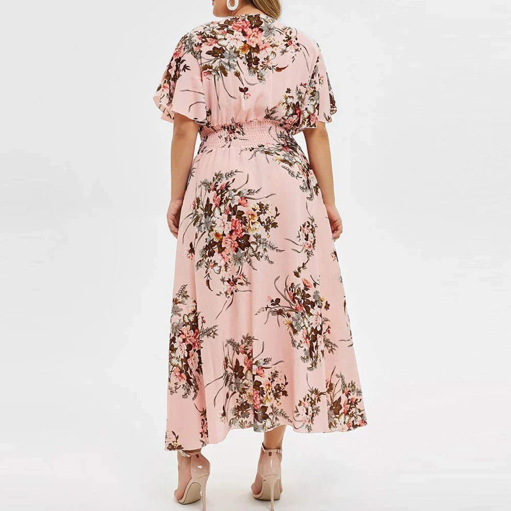 Summer New Sexy V-Neck Women's Beach Dress Plus Size Loose Fashion Floral Printed Butterfly Sleeve Midi Dress Lady Wedding Dress