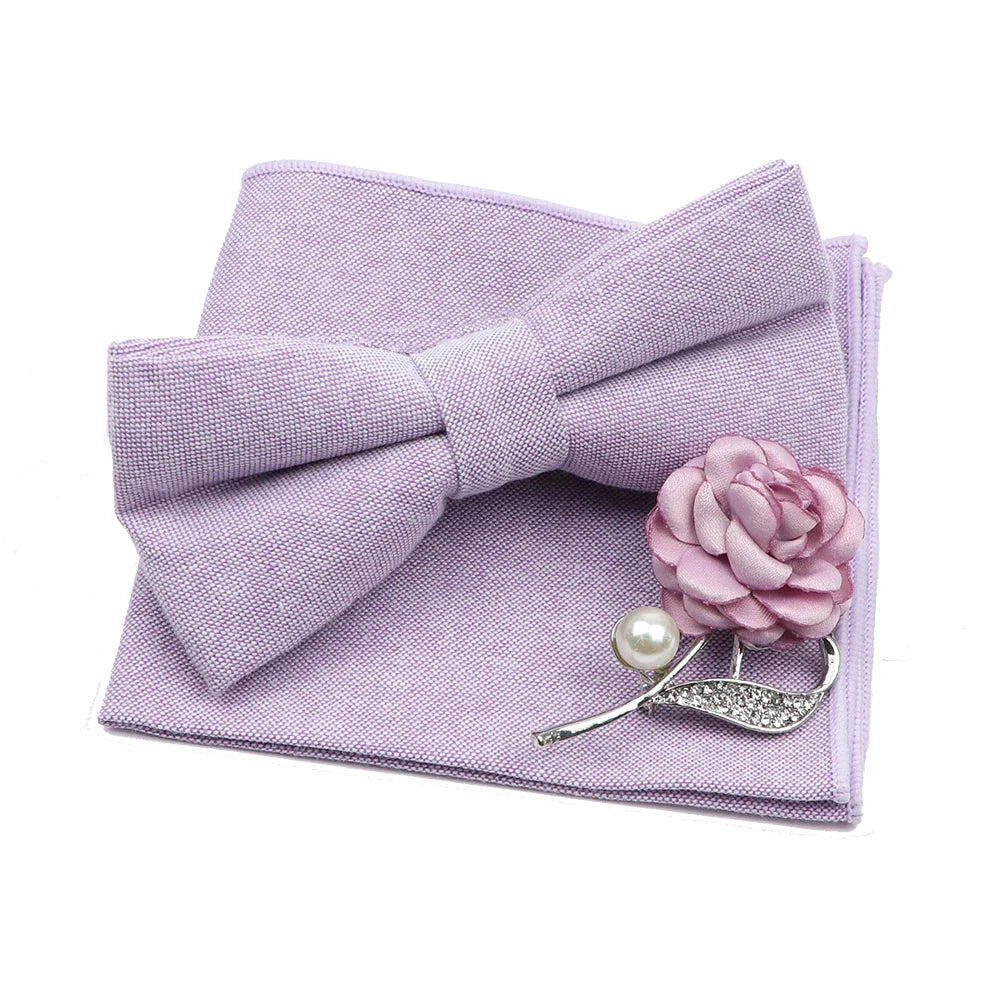 Solid Color Mens Bowtie Brooch Set 100% Cotton Pink Blue Bow Tie Flower Lapel Pin Romantic Wedding Party Suit Shirt Accessories