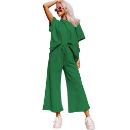 Spring Summer Casual Solid Short Sleeve T-shirt Wide Led Pant Sets Drawstring Elastic Waist Trouser Suit Sports Women Outfits