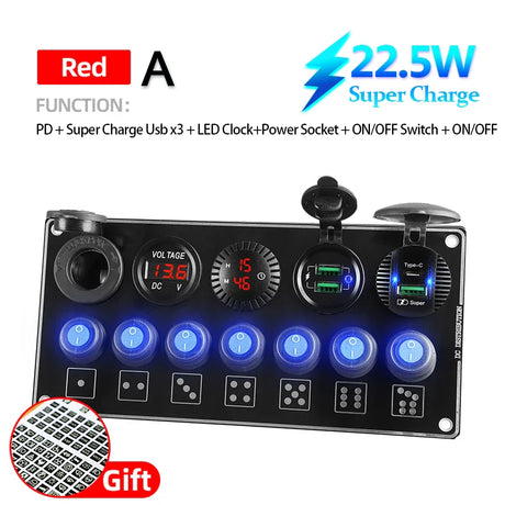 12V 7 Gang ON-Off Rocker Toggle Switch Panel QC PD Quick Charge Voltmeter Waterproof USB Car Charger Accessories Truck Boat RV